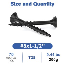 WELLOCKS Deck Screws #8×1-1/2" (200g), Black 74 PCS, Rust-Resistant, Salt Spray Resistant, Epoxy Coated, T25 Torx Bit Included for Wood Fence, Decking & Outdoor Us