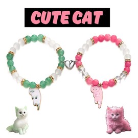 Pingyongchang 2Pcs Cute Cat Heart Matching Bracelet Lovely Cartoon Kitten Beaded Stretch Bracelets Y2K Couple Friendship Bracelets Jewelry Gifts for Women Men-Green+Pink
