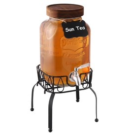 1 Gallon Drink Dispenser with Spigot 18/8 Stainless Steel – Airtight & Leakproof Glass Sun Tea Jar with Anti-Rust Lids, Beverage Dispenser for Parties (Single with Stand)