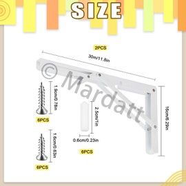 Mardatt 2Pcs 12" White Folding Shelf Brackets, Heavy Duty Stainless Steel Triangle Shelf Bracket Collapsible Wall Mounted Shelf Bracket with Screws and Anchors Space Saving for Table Work Bench