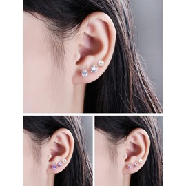 Sterling Silver Stud Hypoallergenic Earrings for Sensitive Ears Comfy Cubic Zirconia Earrings Studs Small Pearl Stud Earring Sets for Multiple Piercing Cartilage Women Birthstone Gifts (Sterling Silver, 5-6mm, April birthstone) (3-4mm, October Birthstone