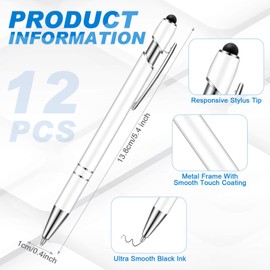 Tenare 12 Pieces 2 in 1 Stylus Metal Ballpoint Pen with Stylus Tip, 1.0 mm Black Ink Ballpoint Pen for Touch Screens(White)