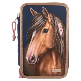 Depesche 12510 Miss Melody Night Horses Filled 3-Compartment Pencil Case with Quilting, Pencil Case with Colouring Pencils, Ruler, Scissors and much more, Blue, midnight blue