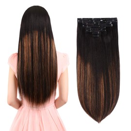 Real Clip in Hair Extensions Natural Black to Chestnut Brown Highlight Black 8 Pieces - Premium Double Weft Thick Remy Hair Extensions Clip in Human Hair (18" / 18 inch, (1BT6) P1B, 112 grams/3.9 Oz)