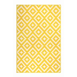 FH Home Outdoor Camping Rug - Waterproof, Fade Resistant, Reversible - Premium Recycled Plastic - Geometric - Patio, Deck, Sunroom, RV - Aztec - Yellow & White - 5 x 8 ft Foldable