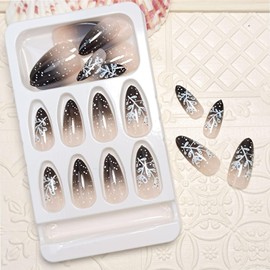 Christmas Press on Nails Almond Fake Nails Nude False Nails with White Wave Point Snow Elk Grass Designs Gradient Black Nails Press ons French Tips Manicure Accessories Supplies for Women Girls 24Pcs