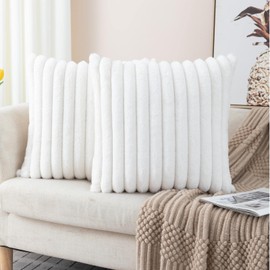 ZLINA Set of 2 Cream White Faux Fur Decorative Throw Pillow Covers Fluffy Striped Pillowcase Cushion Covers 18 x 18 Inch Decor Sofa Couch Bedroom