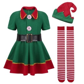 AudMsier Green Elf Costume Christmas Elf Women's Dress Set Children's Elf Costume Kids Girls (140CM)