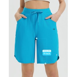 baleaf - Bermudas largas para mujer, 9 pulgadas, longitud por encima de la rodilla, secado rápido, ligeros, bolsillos con cierre, casual, verano, atlético, UPF 50+, Azul Aqua, X-Large