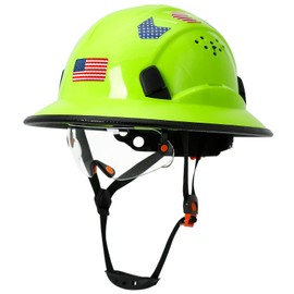Aolamegs Safe Full Brim Hard Hats Construction OSHA Approved with Clear Visor - ANSI Z89.1 Vented Lime Hard Hat with Chin Strap Cascos De Construccion Safety Helmet for Men Women 6 Point Suspension