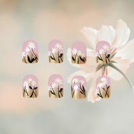 Summer Flower Gel Glue on Fingernails Daisy Press on Nails 24Pcs Black Leaves Short Square Fake Nails Glossy Gold French Tips Stick on Nail Acrylic Full Cover False Nail for Holiday Manicure Art