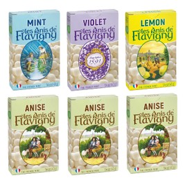 Les Anis de Flavigny Candy Mints, The French Mints, Vegan, Non-GMO, Made in France, 3 Boxes of Anise and 1 Box of each Lemon, Mint, and Violet Flavors, 40g Box, 6-Pack