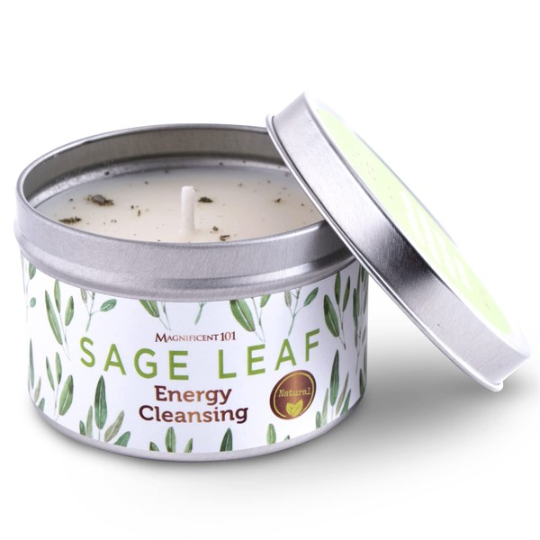 Magnificent 101 Sage Leaf Energy Cleansing Candle in 6-oz. Tin Holder: 100% Natural Soy Wax with Pure White Sage Leaves & Essential Oils for Smudging and Intention Setting; Great Housewarming Gift