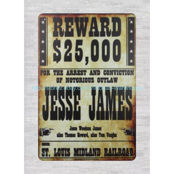 Unbranded home accessories Reward $25,000 Jesse James metal tin sign