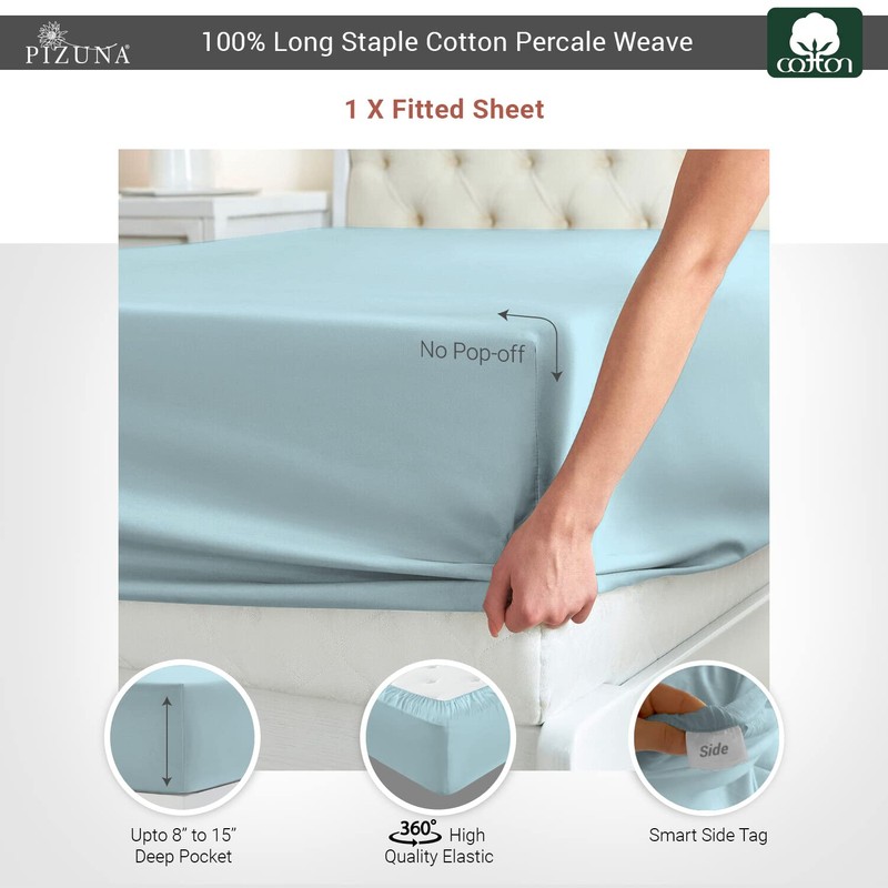Pizuna Cotton Percale Single Fitted Sheet Baby Blue,100% Long Staple