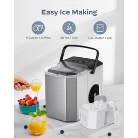 Ice Maker Countertop, Stainless Steel Portable Ice Machine with Carry Handle, Self-Cleaning Ice Makers with Basket and Scoop, 9 Cubes in 6 Mins, 26 lbs per Day, Stainless Steel