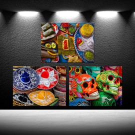 iKNOW FOTO 3 Piece Canvas Wall Art Day of the Dead Colorful Skulls and Mexican Sombreros Mexico Food Prints Home Decor Living Room Ready to Hang Each Panel 12x16 Inches