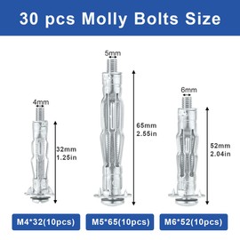 Heavy Duty Hollow Wall Anchors, 3 Sizes Molly Bolts Hollow Drive Wall Anchor Screw Kit for Drywall, plasterboard, and Wood Panels(30pcs)