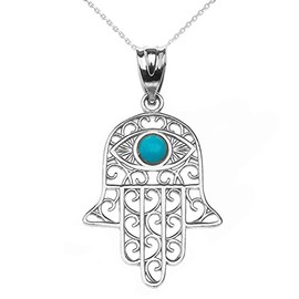 Fine Sterling Silver Hamsa Hand with Blue Stone Evil Eye Pendant Necklace, 18"