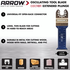 Arrow OSC101VP-3 Multi-Material Oscillating Tool Blade Variety Pack for Copper Pipe, Wood, PVC, Drywall, Universal, Fits Most Multitools, 1 ¼″, 1 ⁵⁄₁₆″, and 2 ½″, 3-Pack