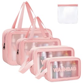 5PCS Clear Toiletry Bag, Wash Bag, Clear PU Makeup Bag, Waterproof Toiletry Travel Bag with Zipper Handle, Portable Airport Cosmetic Bag for Travel Bathroom Men Women (Pink)