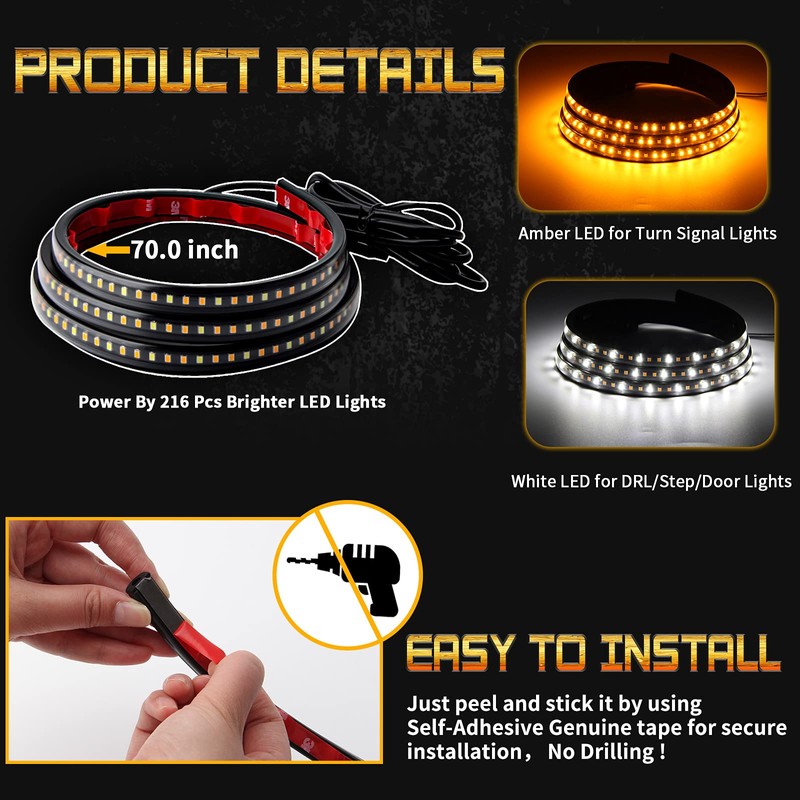 Afurkuot 70" LED Running Board Lights, White & Amber Light