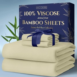 DECOLURE 100% Viscose Derived from Bamboo Sheets Full Size 4pcs - Ultra Soft & Luxuriously Cooling, 17" Deep Pocket, Double Stitching, Perfect for Hot Sleepers - Full Bed Sheets (Creme)