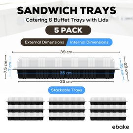 Pack of 5 Sandwich Platter Trays with Lids - Reusable Plastic Buffet Trays for Catering, Sandwich Trays & Meal Prep Serving Trays for Parties, Events and Birthdays - 39 x 29 x 7.5cm