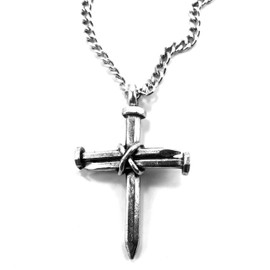 FORGIVEN JEWELRY Cross 3 Nails Wire Wrapped Antique Silver Metal Finish Pendant Silver Finish 24 Inch Stainless Steel Chain Necklace