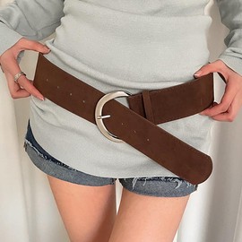 Yalice Women’s Wide Leather Belt for Dresses Vintage Western Cowgirls Thick Waist Belts Chunky Suede Belt with Metal Buckle (Brown-Silver Buckle, Fits Waist Size:29''-35'')