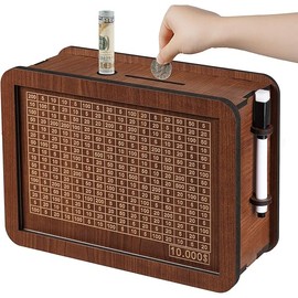 Cash Vault Wooden Savings Box, Piggy Bank for Adults Kids, Coin Bank for Boys and Girls, Unique 10000 Savings Challenge Box, Wooden Cash Savings Box with Money Target and Numbers (10000 Dollar)