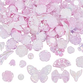 SUNNYCLUE 100G About 200Pcs Cute Pink Beads Large Plastic Butterfly Beads Baroque Kawaii Aesthetic Roses Flowers Bows Round Gradient Bead for Bracelets Necklaces Nail Phone Chain Making Accessories