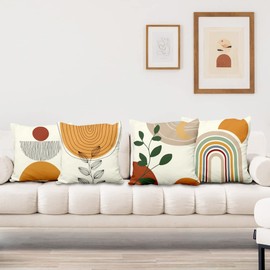Aoihrraan Abstract Cushion Covers Set of 4, Minimalist Art Throw Pillow Covers Boho Sun Moon and Rainbow Leaves Soft Short Plush Square Pillowcase for Sofa Couch Bedroom Car Chair Home Decor 18"x18"
