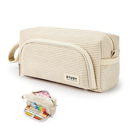 KALIDI Pencil Case Corduroy Fabric Pencil Case Large Capacity Stationery Bag Pencil Bag for Middle School College Office Student Girls Gift, beige, pencil case