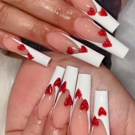 Valentine's Day Press on Nails Long Coffin Fake Nails White French Tip Nails Press ons Glossy Glue on Nails Nude False Nails with Red Glitter Heart Designs Valentines Stick on Nails for Women 24Pcs
