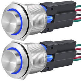 22mm Push Button Switch 120V/110V Momentary High Round Waterproof IP67 On Off Stainless Steel 304 with LED Light for 7/8" with Wire 2PCS (Momentary,120V, Blue)