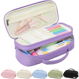 Sooez Large Pencil Case Pouch, Soft Corduroy Pencil Bag with Handle, Cute Pen Case, 5 Compartments, Wide Opening Pen Pouch Organizer with Zipper, Aesthetic School Supplies for Girls Women, Purple