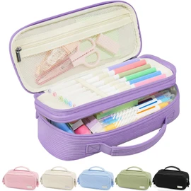 Sooez Large Pencil Case Pouch, Soft Corduroy Pencil Bag with Handle, Cute Pen Case, 5 Compartments, Wide Opening Pen Pouch Organizer with Zipper, Aesthetic School Supplies for Girls Women, Purple