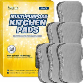 Multi-Purpose Kitchen Pads by Smith’s® | Grey | 6 Pack | Washing Up Dishes & Multi-Surface Scrub Sponges | Kitchen & Home | Non-Scratch | Durable | Chemical Free