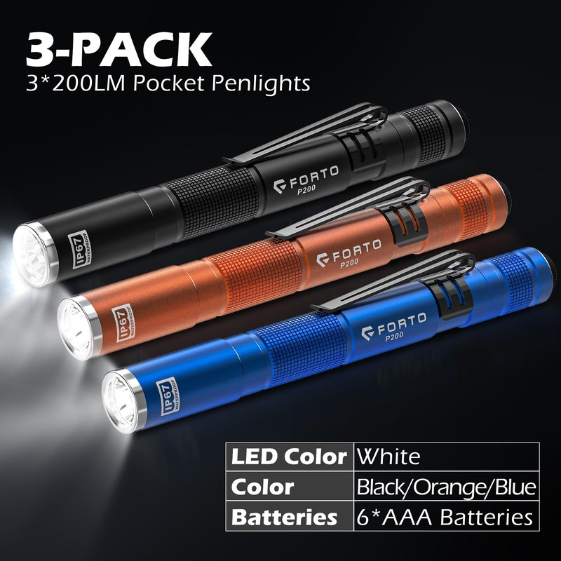 FORTO LED Pen Light, 200 Lumens Pocket Flashlight, IP67 Waterproof,