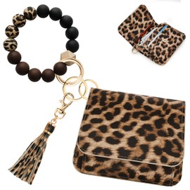 Sunpour Keychain Wallet RFID Wristlet Wallets for Women,Small Wallets Woman Key Chain Wallet with Coin Pocket and Id Window, Leopard, 4.6'L x 3.7" W x 0.75" H, Foldable Design