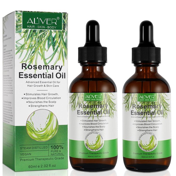 ALIVER Rosemary Oil for Hair and Scalp (2 Pieces), Rosemary Oil for Hair, Stimulates Hair Growth and Hair Oil Against Hair Loss, 100% Natural Pure Rosemary Oil for Skin Care, Aromatherapy, 60 ml