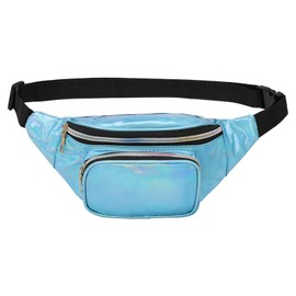 DTGN Holographic Fanny Pack for Women, Cute Waist Belt Bag, Crossbody Bag 3-Pocket Water Resistant Fashion Small Bum Bag with Adjustable Belt for Running Hiking Shiny Blue