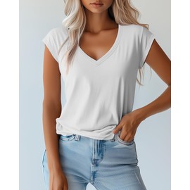 Huukeay 3 Pack Women’s V Neck T Shirts, Cap Sleeve Summer Casual Tops Loose Fit Short Sleeve Tees 2025 Trendy Shirts(Black, White, Green,Small)