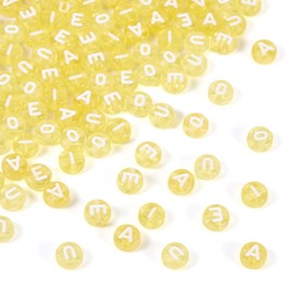 PandaHall 100pcs Transparent Acrylic Letter Beads 7mm Flat Round Disc Alphabet Beads A/E/I/O/U Yellow Initial Letter Beads Vowels for Friendship Bracelet Jewelry Making
