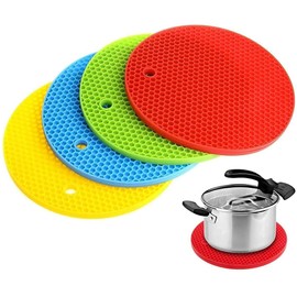 TechSrmaji Round Multi-Purpose Silicone Trivet Mats for Hot Pot Holders Mats Hot Pad Jar Opener Spoon Rest Heat Resistant Non-slip Durable Flexible Dishwasher Safe for Home (Pack of 4)