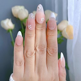 Handmade Press-On Nails, French Tip Press-On Nails, Handcrafted White Almond-Shaped Nails, Reusable Hand-Painted Design Nails, Including Tool Kit, 10 Pieces (SHN012-S, S)