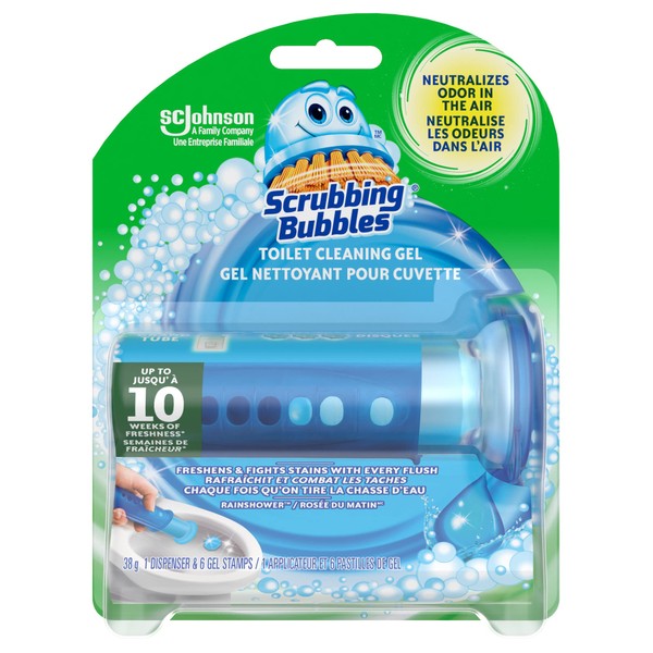 Scrubbing Bubbles Fresh Gel Toilet Cleaning Stamp, Rainshower Scent, Dispenser with 6 Gel Stamps