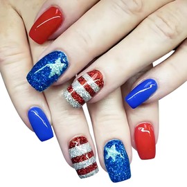 4th of July Nails - Fourth of July Nails Medium Square Press On Nails Fake Nails with Stars Stripe Glitter Design, Acrylic Artificial False Nails Press Ons Stick On Nails for Women