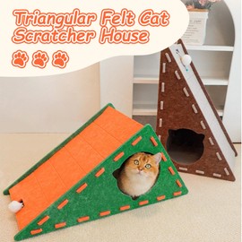 HEVOY Triangular Cat Scratching Board Bed, Removable House for Indoor Cats, Kennel Scratching Post House, Cat Caves with Fluffy Ball Hanging, Scratch Resistant Felt Kitten Hideaway Bed (Orange)